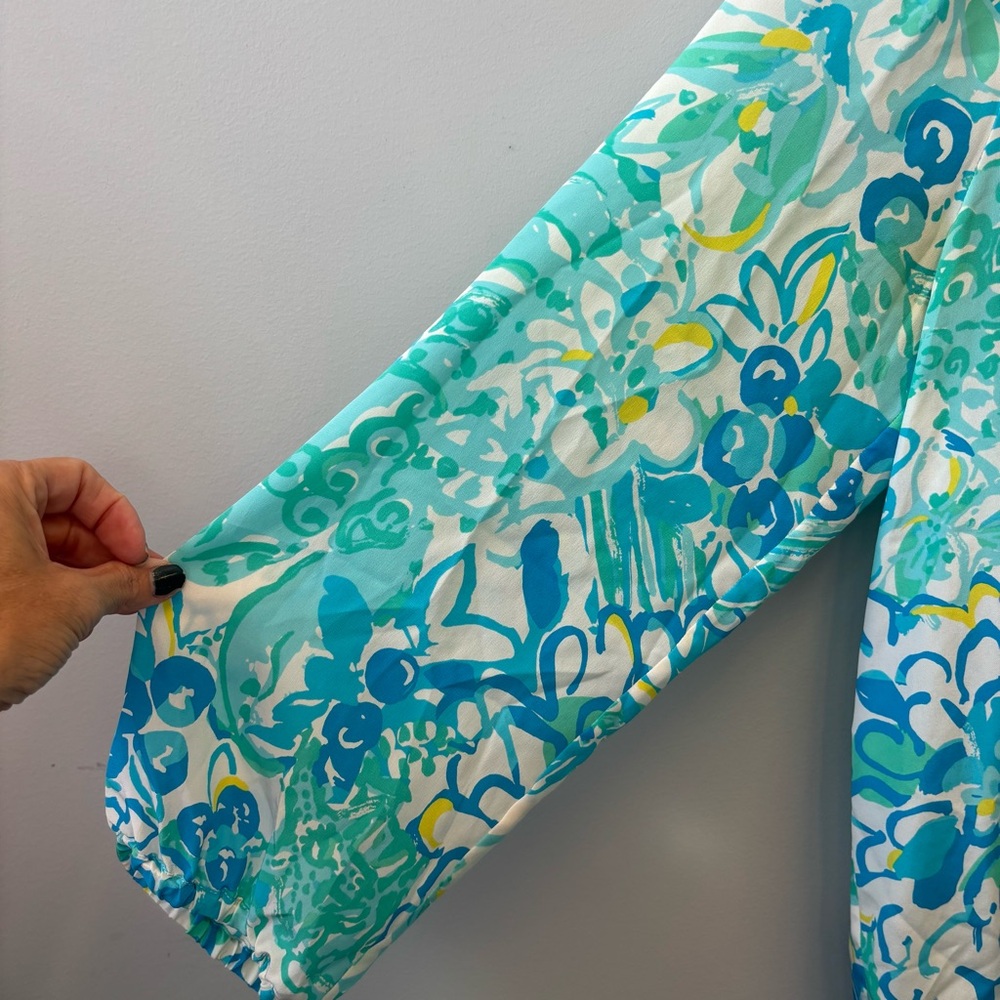 Lilly Pulitzer Elsa Silk Top Large Blue Teal Floral - Picture 8 of 15